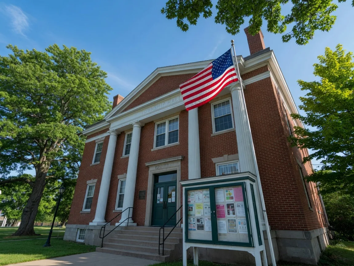 Exterior of the Abington Township Municipal Building on a clear summer day with a community notice board visible at the entrance