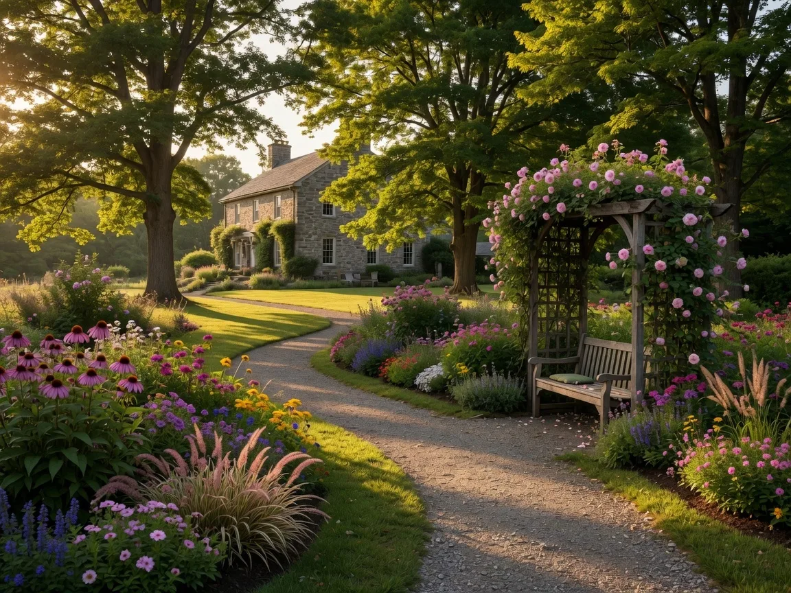 Lush garden paths at PHS Meadowbrook Farm in Rydal, with blooming flowers, ornamental grasses, a historic stone manor house in the distance, and mature trees creating dappled shade