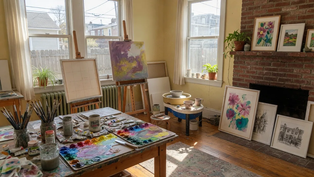 A bright, airy artist studio with sunlight streaming through large windows, easels and canvases arranged around the room, colorful paint palettes on a wooden table