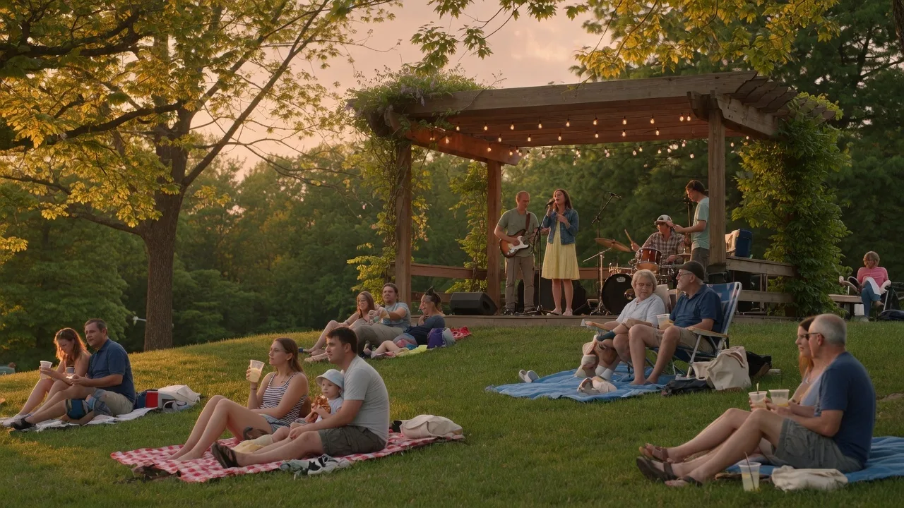 A summer evening outdoor concert at a suburban park amphitheater, families sitting on blankets and lawn chairs on a grassy hillside watching a band perform on stage during golden hour