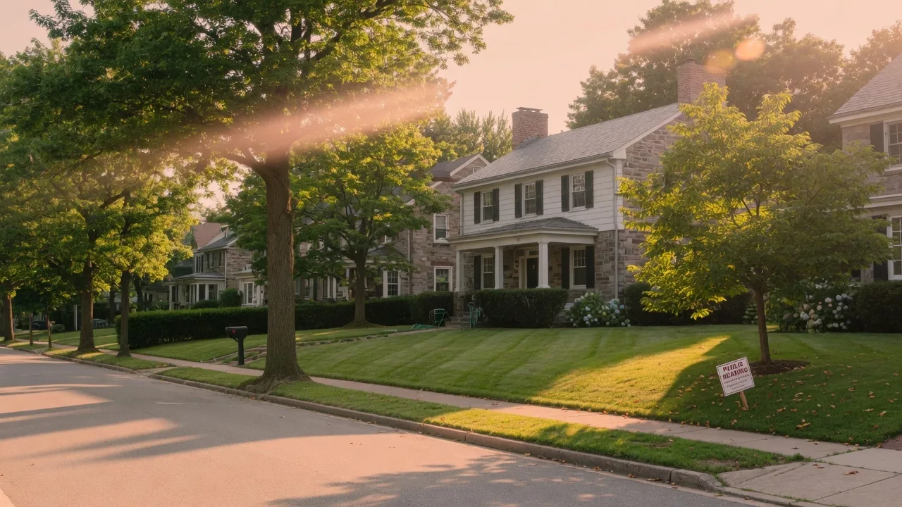 Quiet residential street in a leafy suburban Philadelphia neighborhood with mature oaks and colonial-style homes