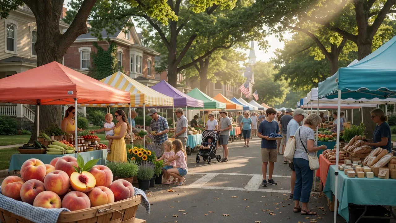 Families browsing colorful canopy tents at the Jenkintown Farmers Market on a sunny Thursday afternoon