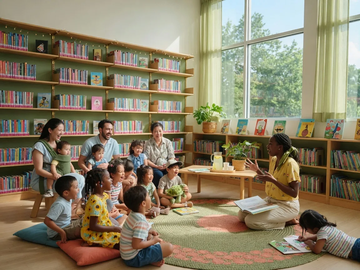 Families enjoying a summer program at the Abington Free Library with colorful reading displays and natural window light