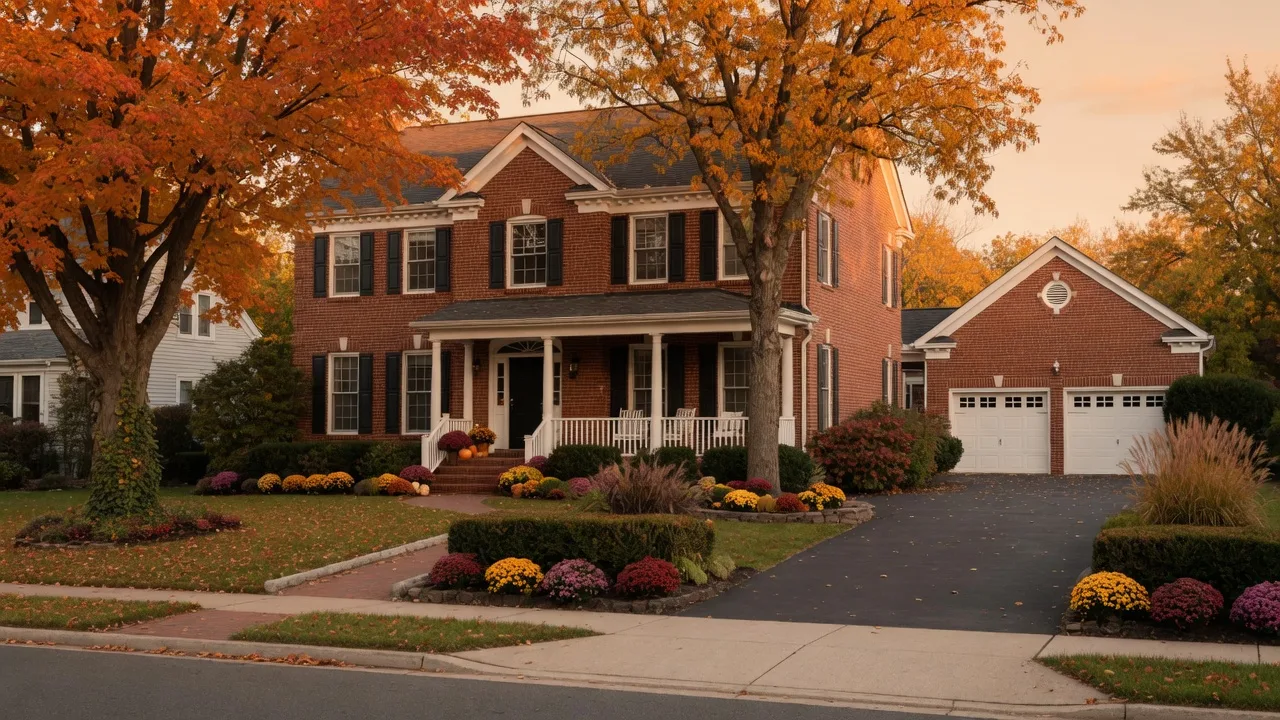Elementary school in leafy suburban neighborhood with mature trees and green lawn