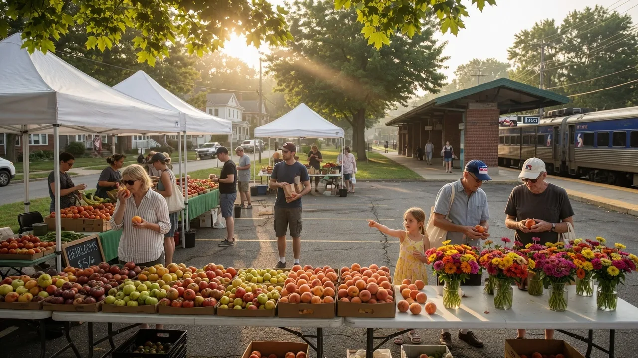 White farmers market tents with fresh summer produce set up in a parking lot on a bright Saturday morning, tree-lined street nearby