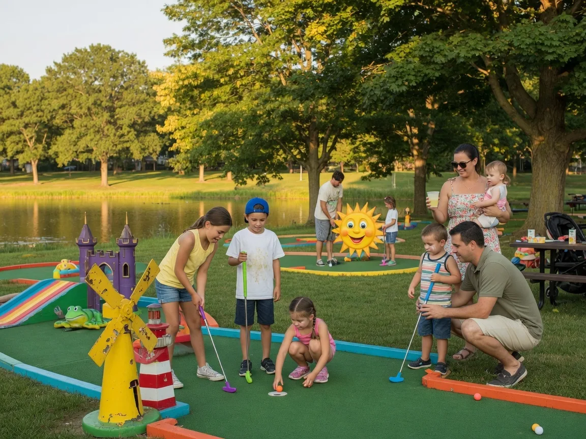 Families enjoying miniature golf at a suburban community park on a bright summer afternoon, colorful obstacles, green grass, and mature trees in the background