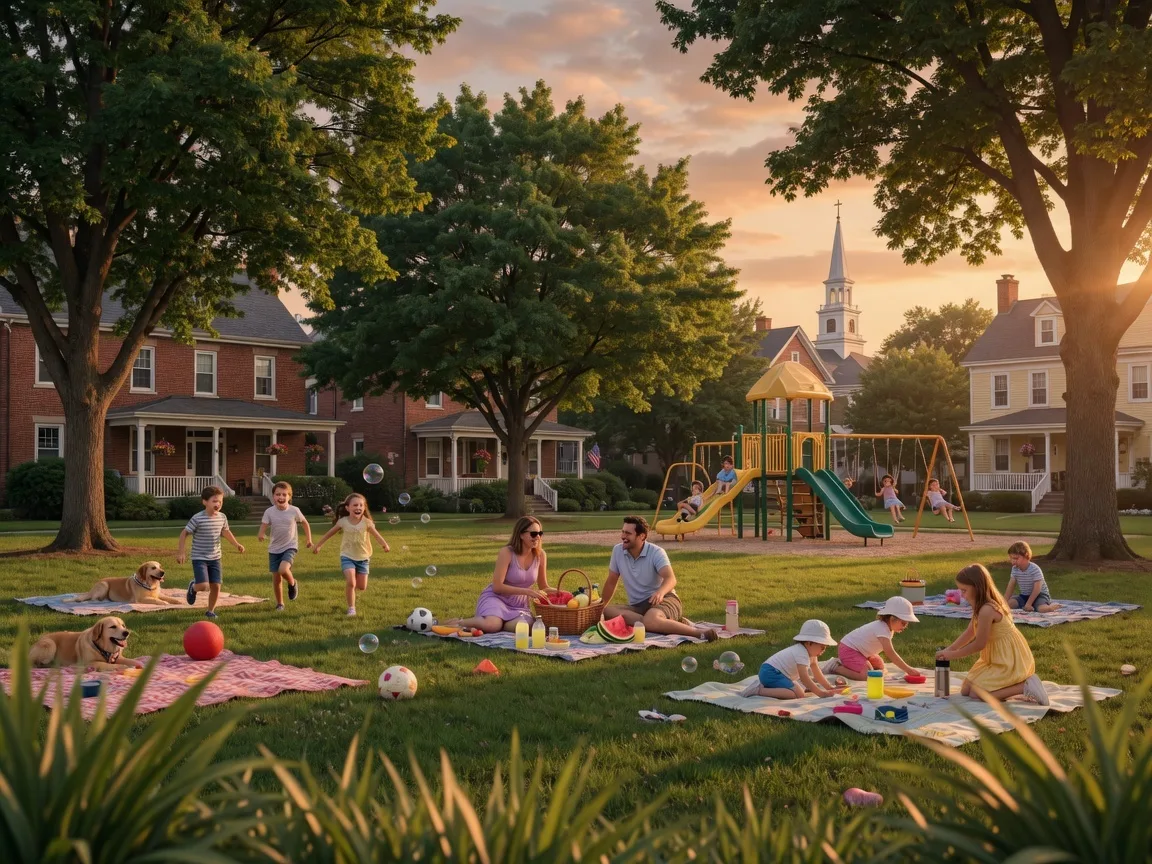 Families enjoying a sunny day at a community park with children playing on green grass under mature shade trees
