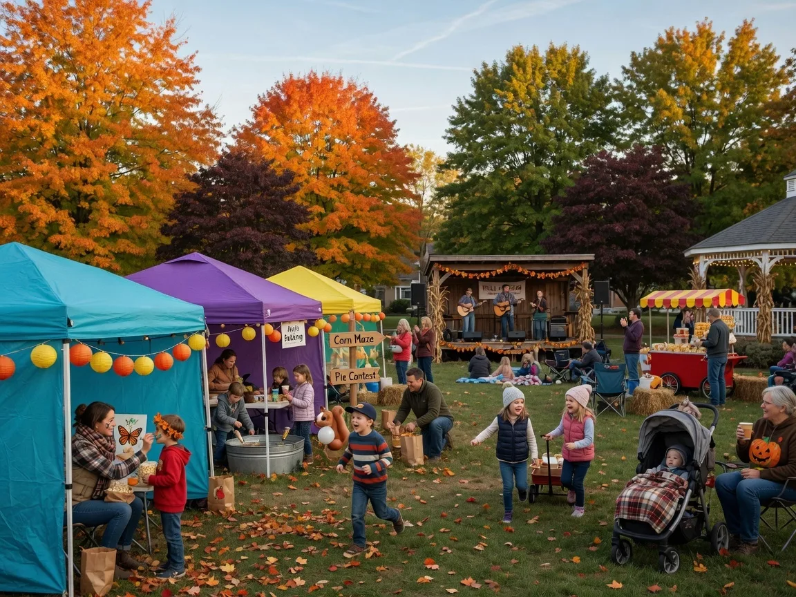 A vibrant community festival scene with colorful tents, families gathered around activity booths, and a live music stage in a park with autumn trees