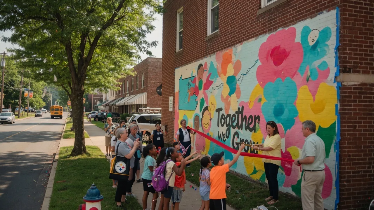 A colorful new community mural on a brick wall with a small crowd gathered around for a ribbon-cutting ceremony on a sunny summer morning, trees lining the street