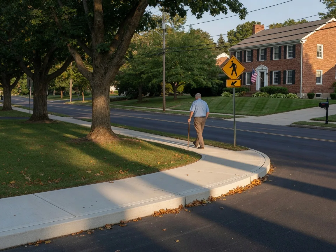 A quiet residential street in Abington Township with a newly constructed sidewalk, pedestrian crosswalk sign, and mature shade trees on a bright summer afternoon