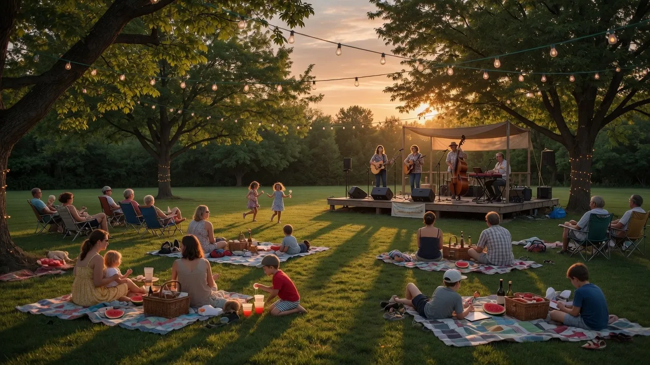 Families enjoying live music on a lush green lawn at golden hour during a community concert