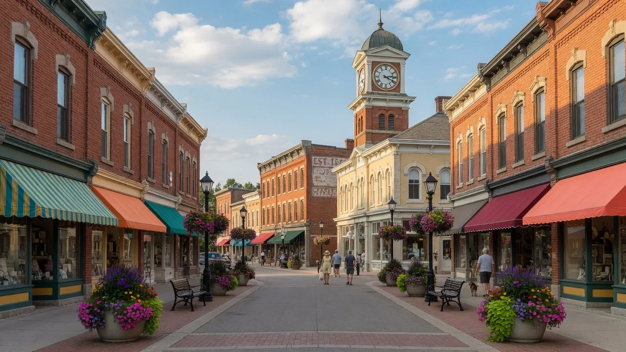 Historic downtown Newmarket Main Street with heritage brick storefronts and flower planters