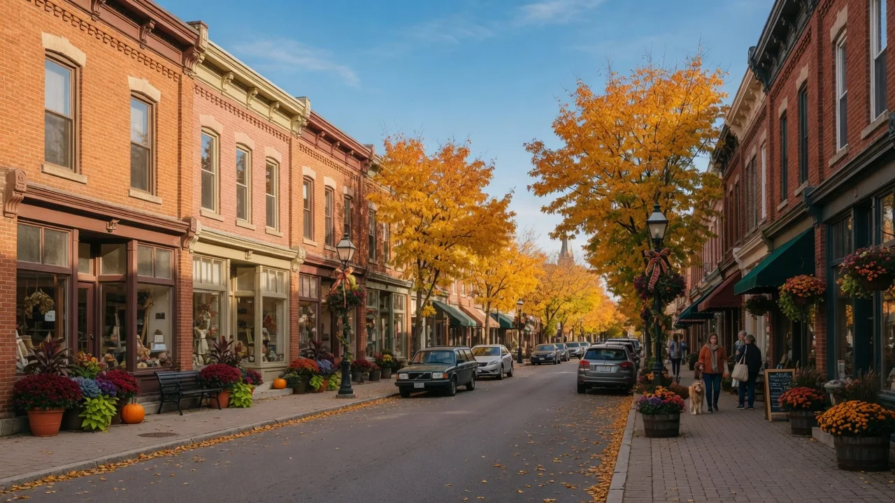 Charming heritage main street in Uxbridge, Ontario with brick storefronts and colourful autumn planters
