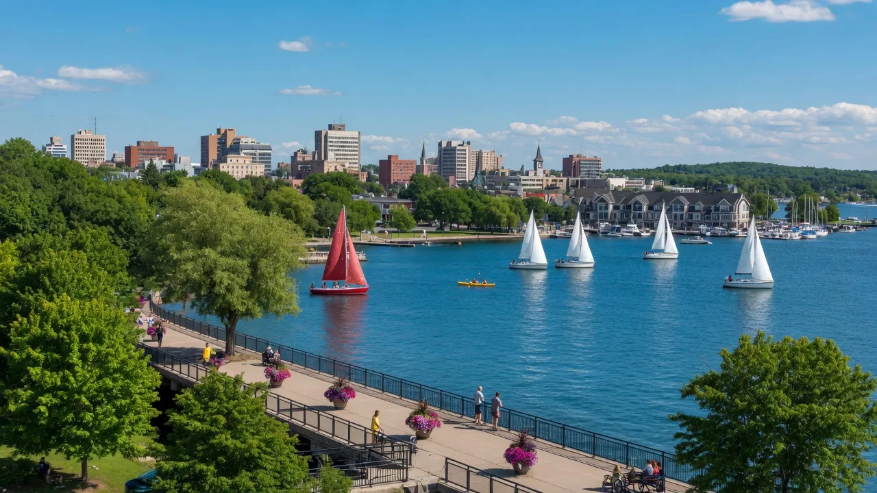 The Barrie waterfront boardwalk along Kempenfelt Bay with sailboats on Lake Simcoe