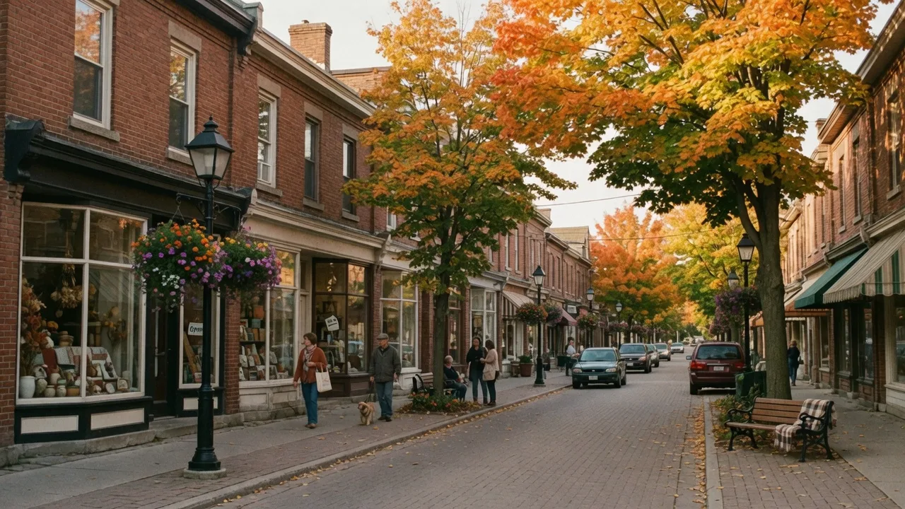 Historic Main Street in Stouffville with heritage buildings and autumn colours