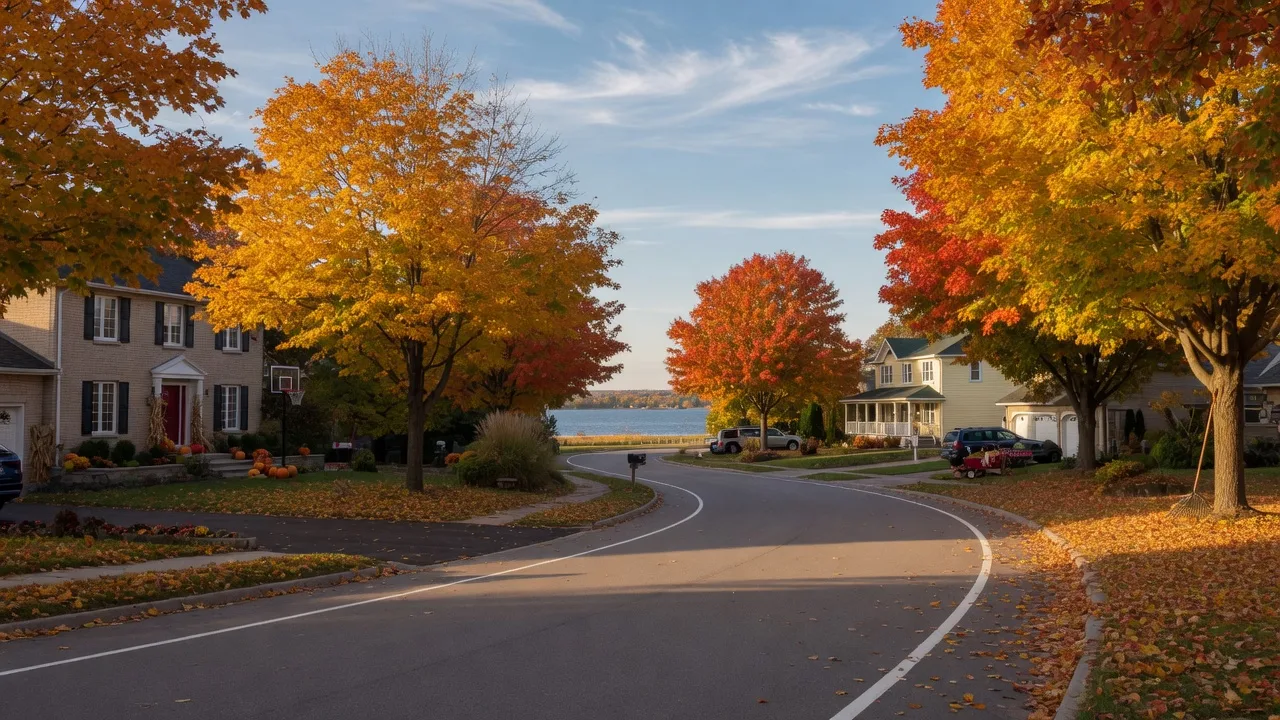 A quiet residential street in Innisfil, Ontario with mature autumn trees near Lake Simcoe