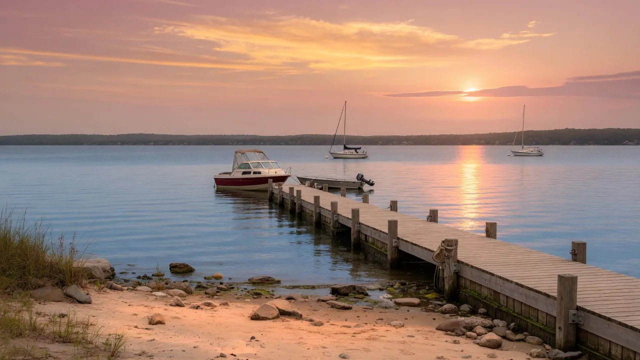 Peaceful Lake Simcoe waterfront at Georgina with a wooden dock and golden sunset light