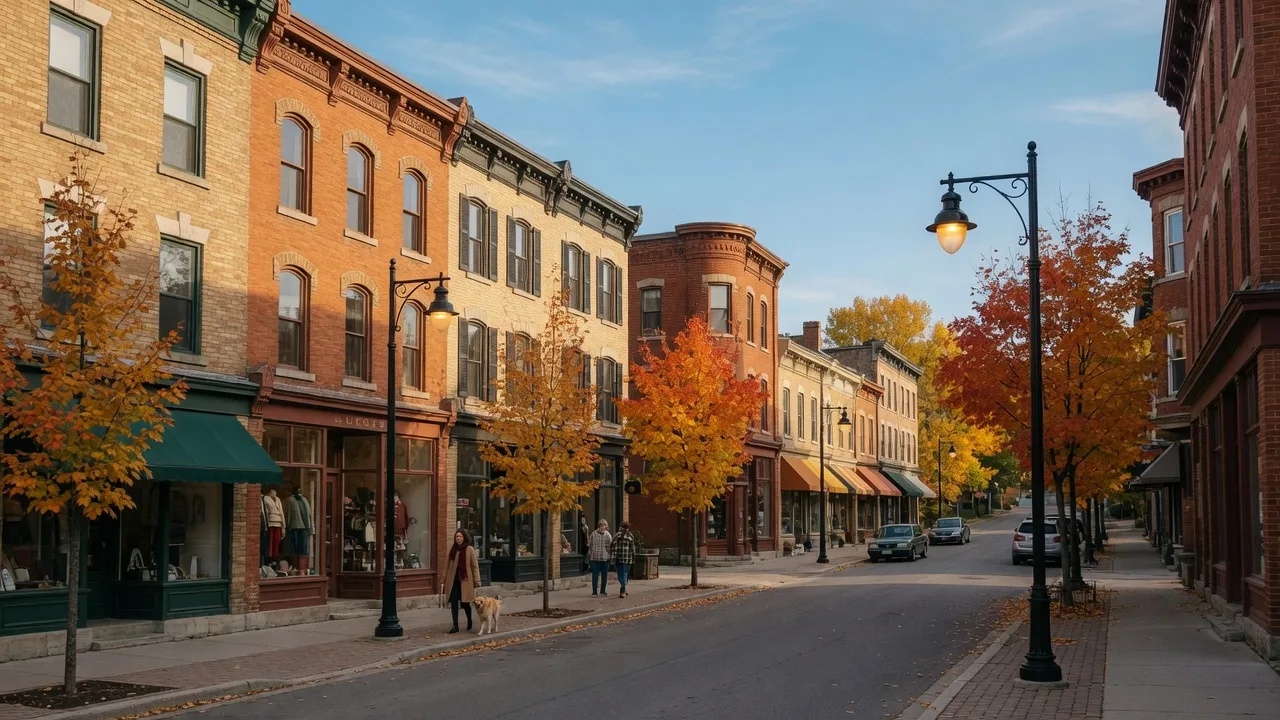 Charming heritage streetscape in downtown Aurora with fall foliage and boutique shops