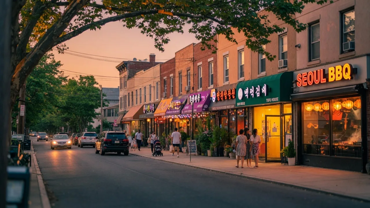 Broad Avenue in Palisades Park, NJ on a summer evening