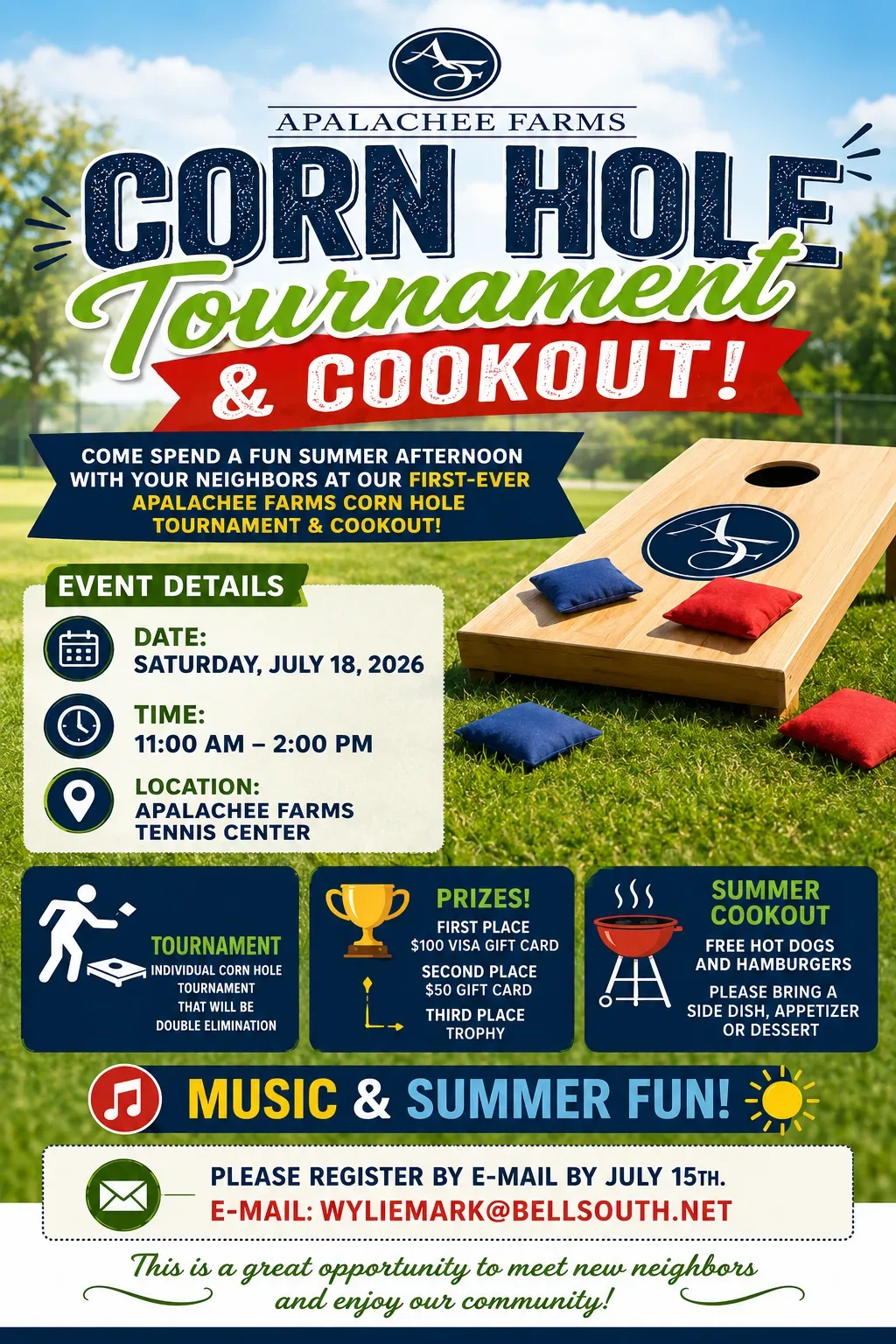 Apalachee Farms Corn Hole Tournament and Cookout community event flyer, July 18 2026