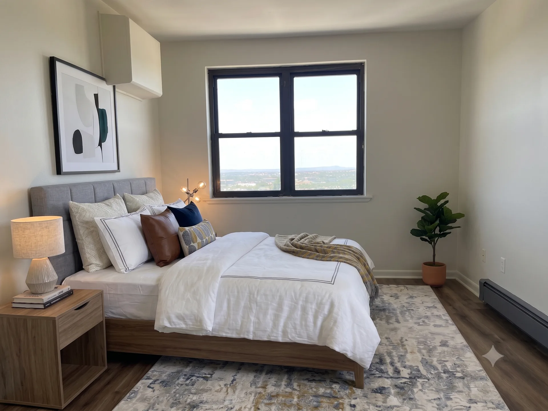 Staged master bedroom with upholstered headboard, nightstand, artwork, and potted plant