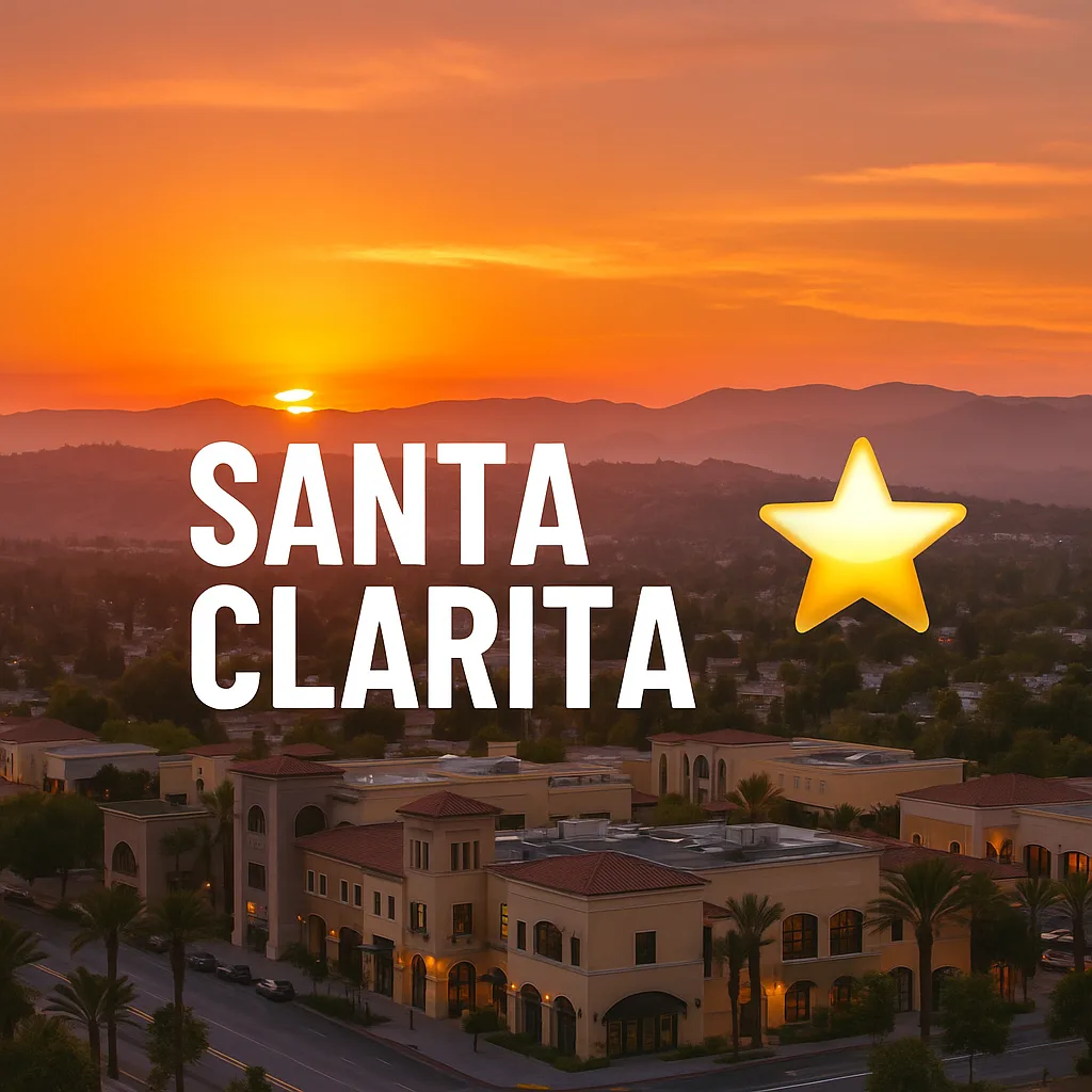 Aerial sunset view of Santa Clarita Valley with warm golden light across the hillside homes and valleys