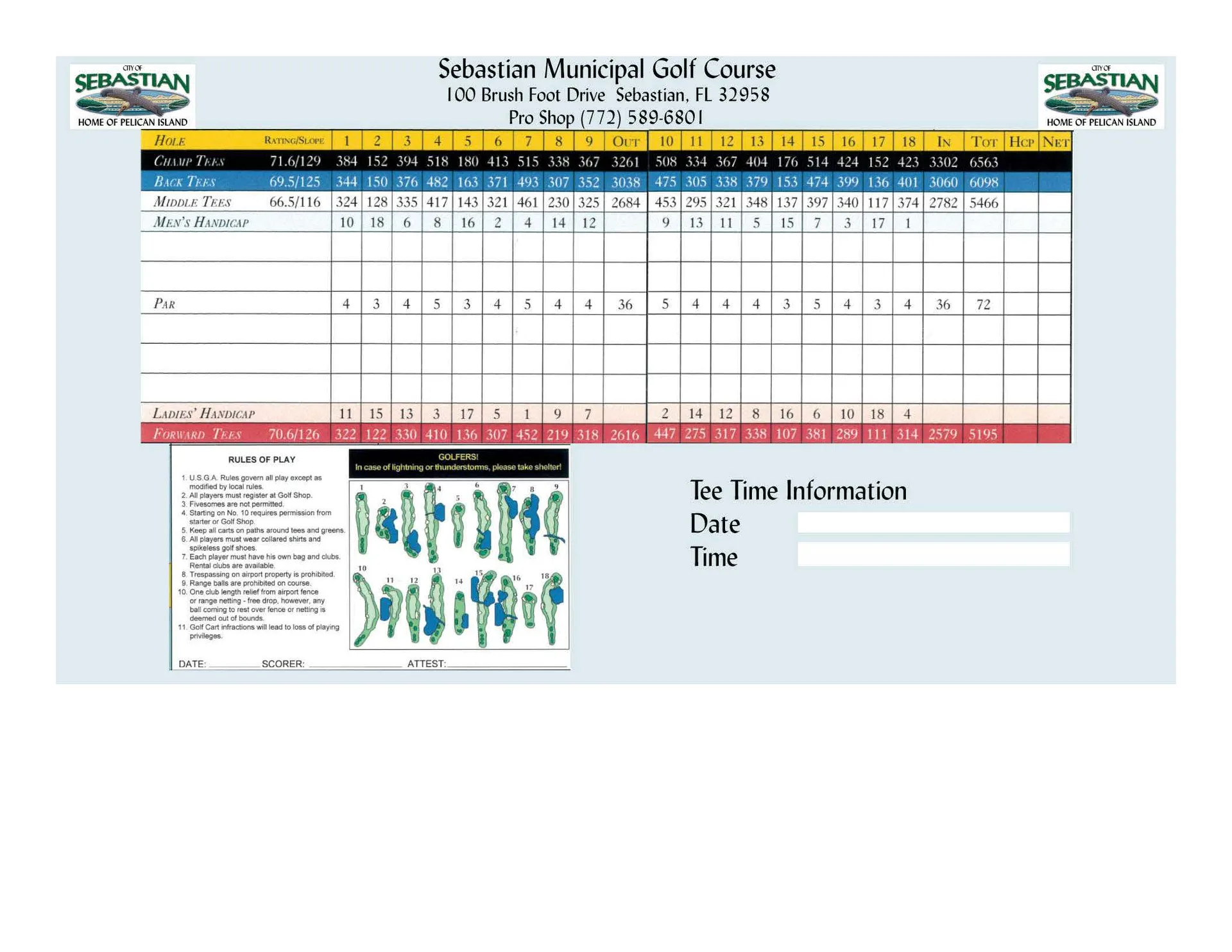 Sebastian Municipal Golf Course official scorecard showing hole-by-hole layout, pars, and yardages