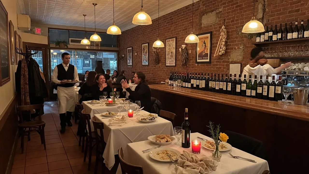 Warm Italian restaurant interior with ambient lighting and classic décor