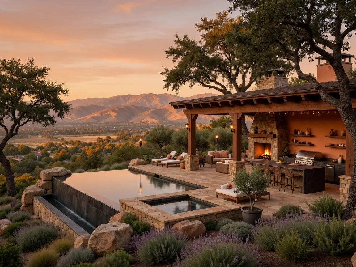 Luxury outdoor living space with pool and valley views at a La Cresta estate