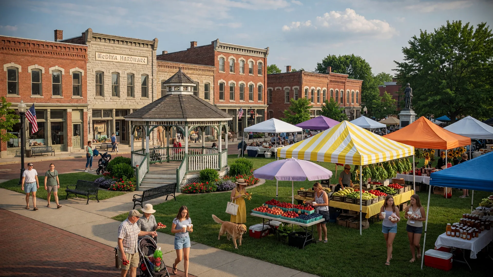 Historic Medina town square on a summer morning with farmers market tents on the green