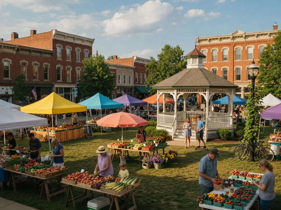 Historic Medina town square on a summer morning with farmers market tents on the green