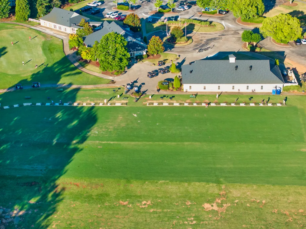 Aerial view of clubhouse and practice facility