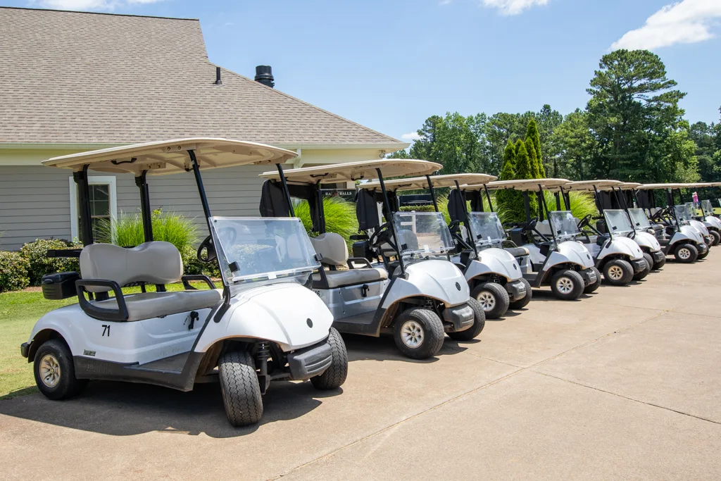 Golf cart lineup at the clubhouse