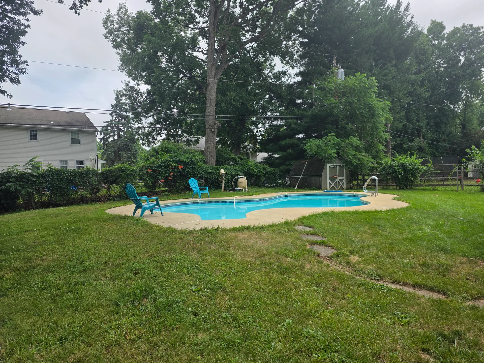 Backyard with kidney-shaped in-ground swimming pool