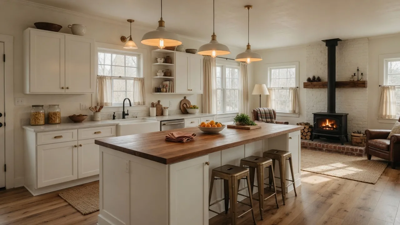 Cozy modern kitchen interior with large center island