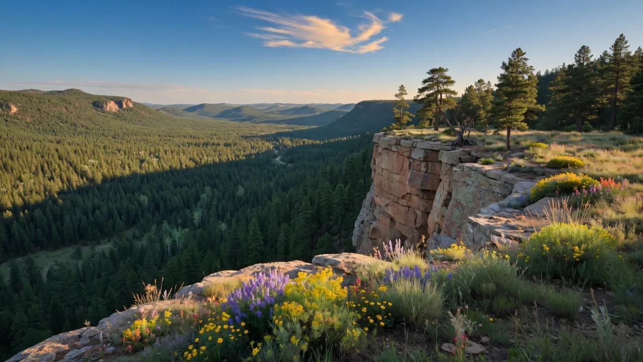 Mogollon Rim overlook with pine forest valley near Star Valley