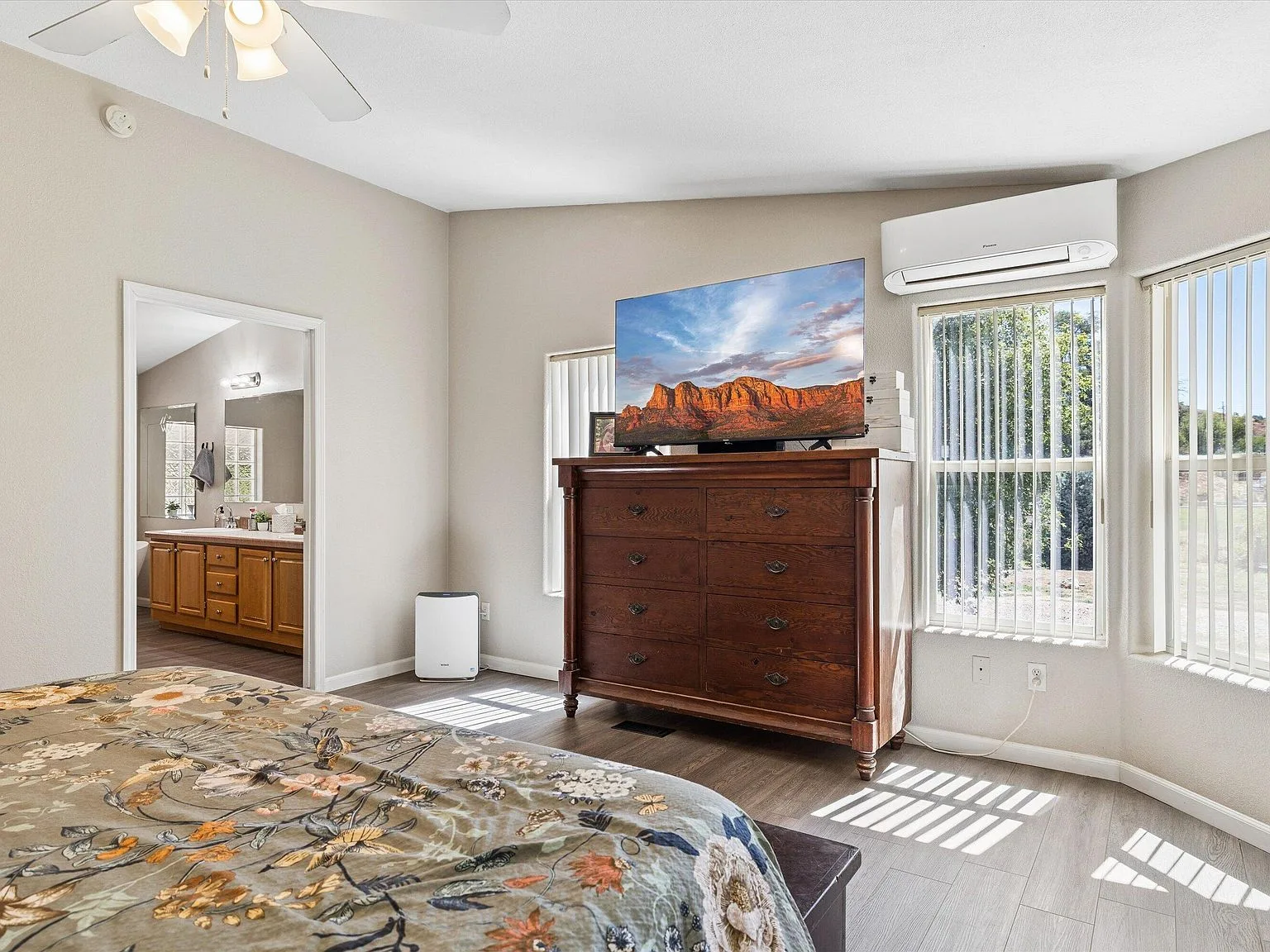 Master bedroom suite with view to bathroom