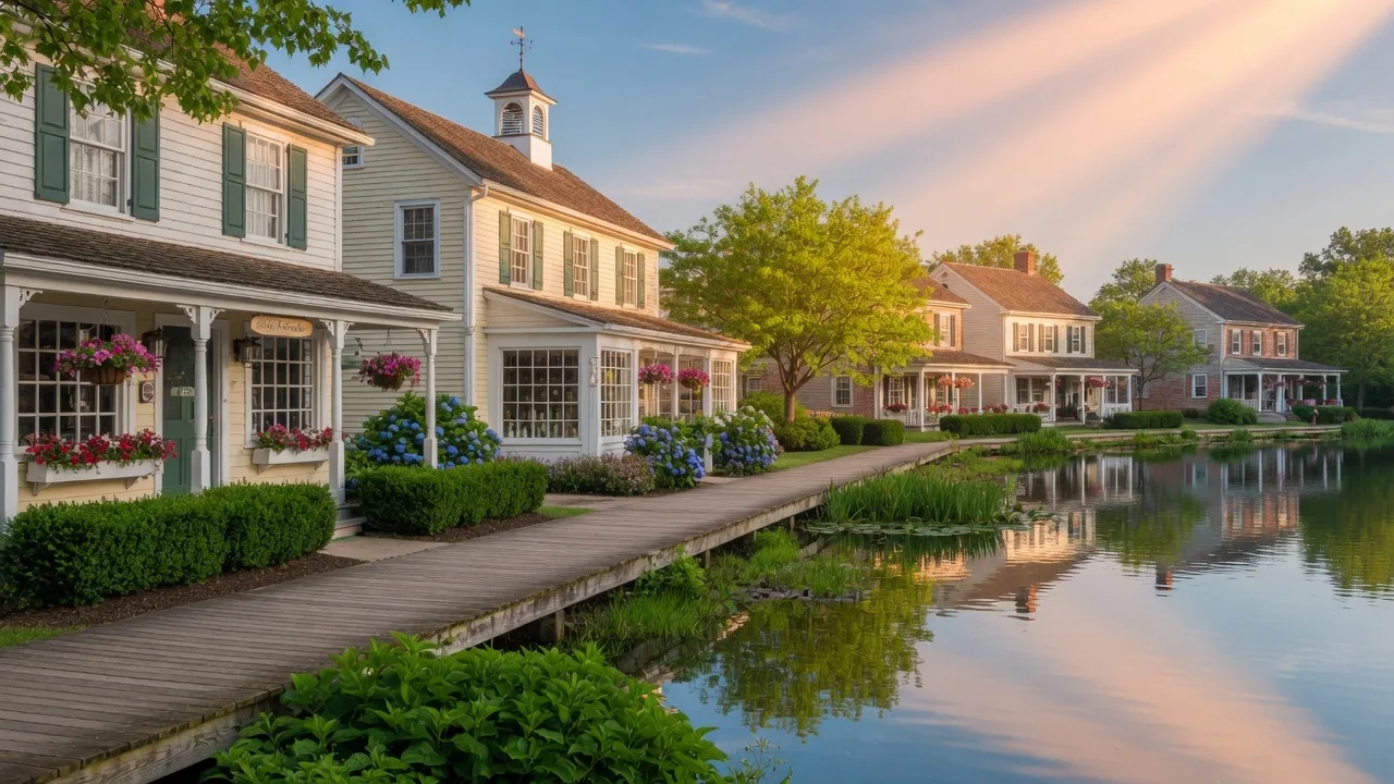 Historic Smithville Village in Galloway Township NJ with colonial-style storefronts and lake boardwalk