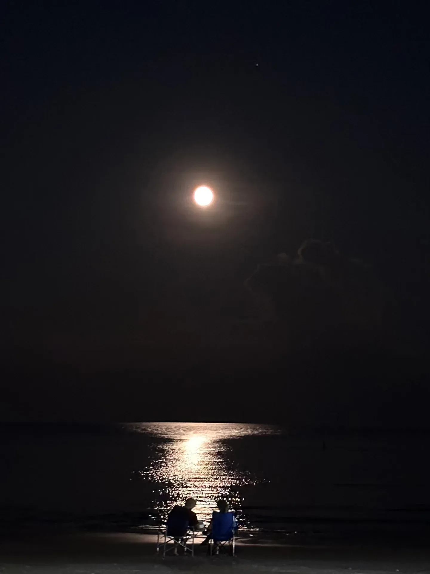 Two people sit on beach chairs at night watching a full moon reflected on the ocean surface