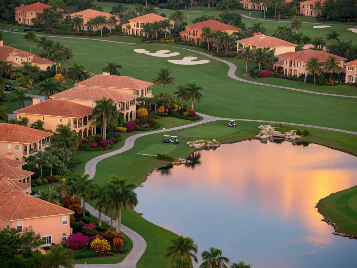 Aerial view of a Southwest Florida golf course community at golden hour