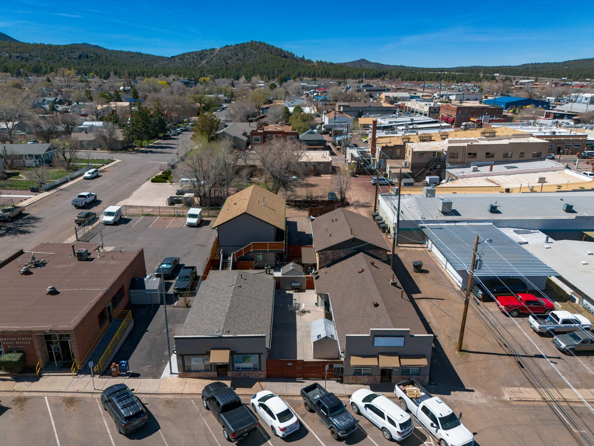 Aerial view of the mixed-use commercial complex in Williams, AZ