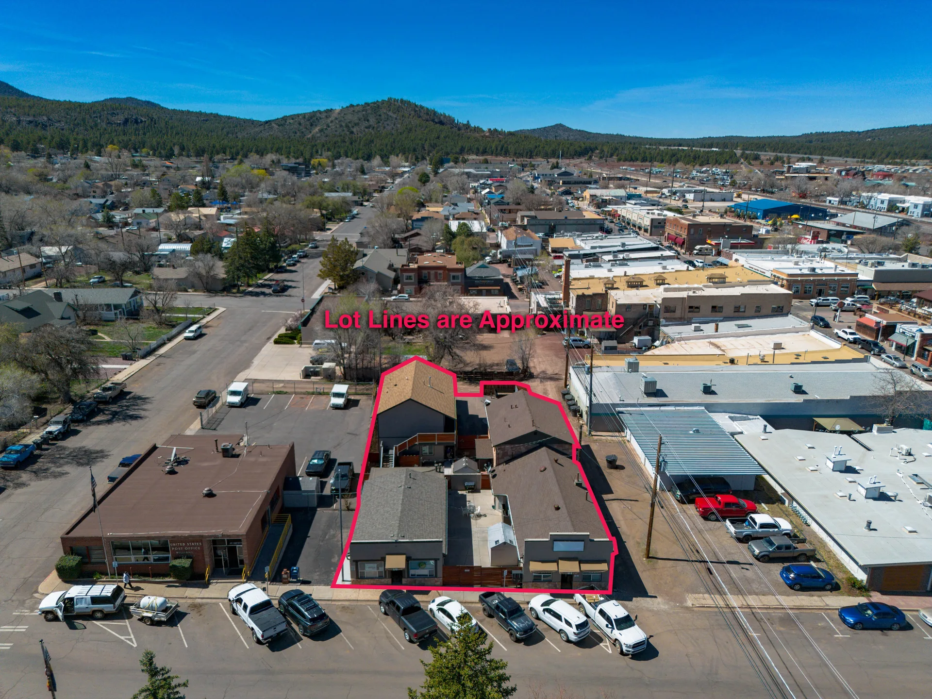 Aerial view of 112 & 116 N. 1st St. mixed-use investment property in downtown Williams, Arizona