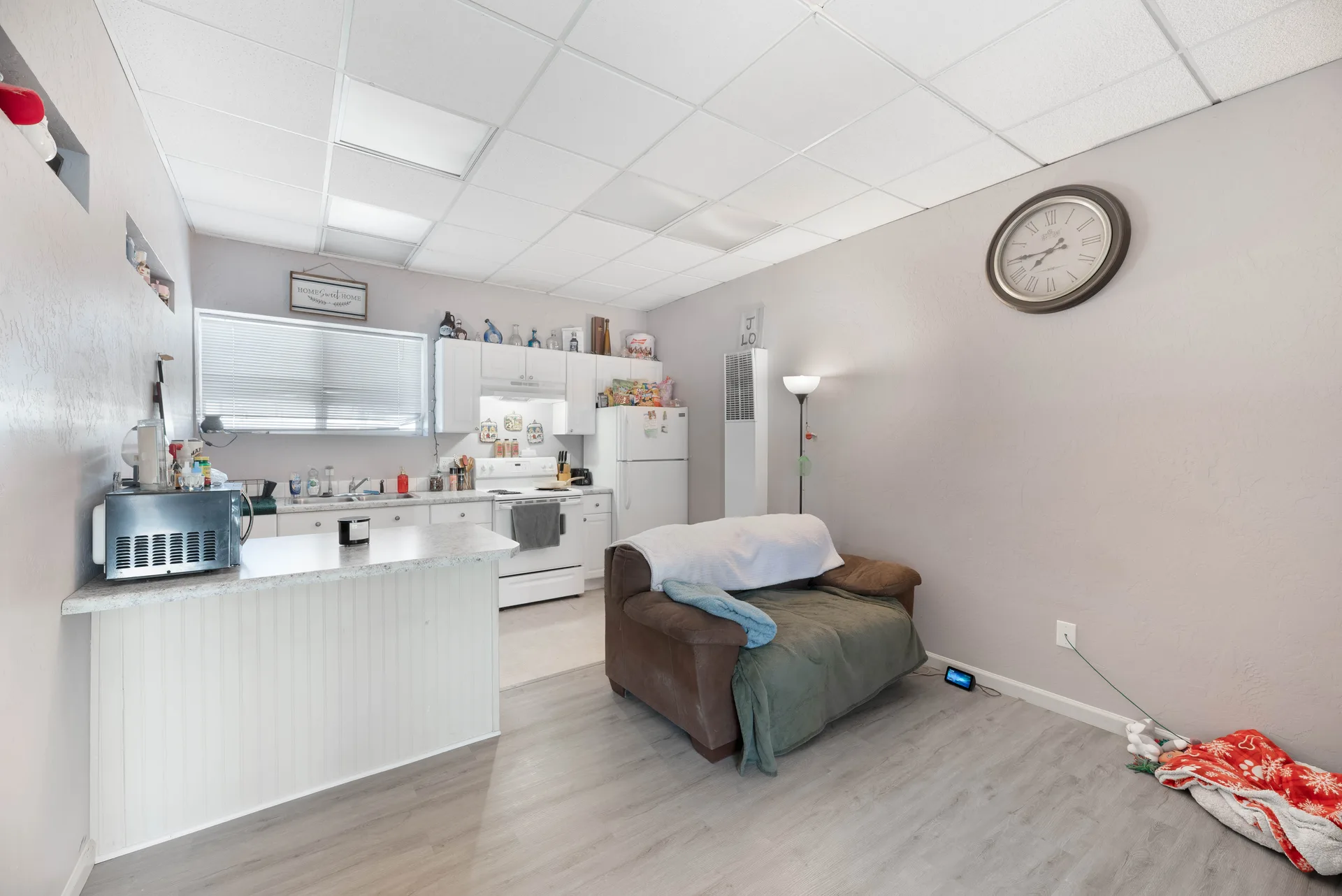 Studio apartment combined kitchen and living area with laminate cabinets