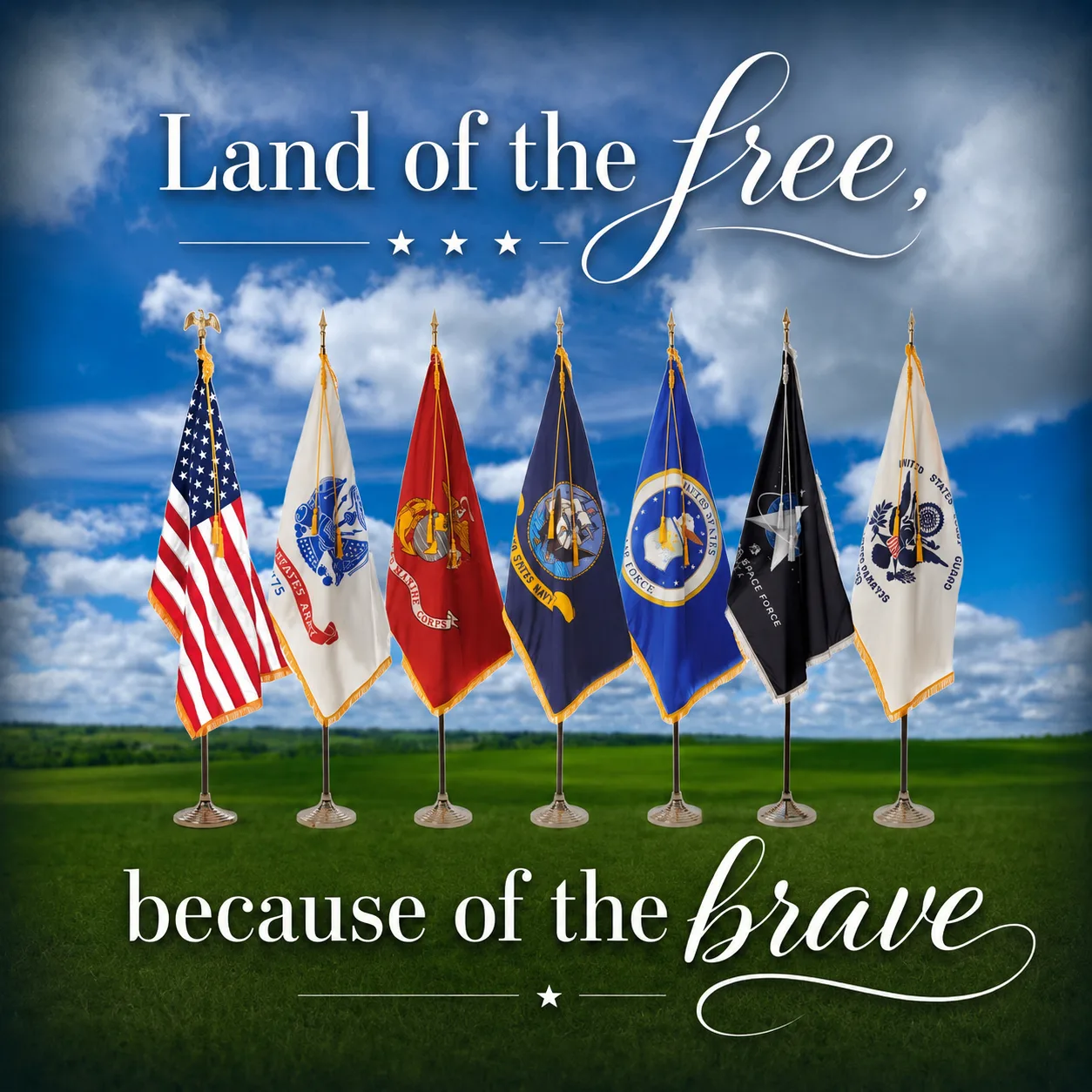 Patriotic graphic showing seven military branch flags on a grassy field against a blue sky with the text Land of the free because of the brave
