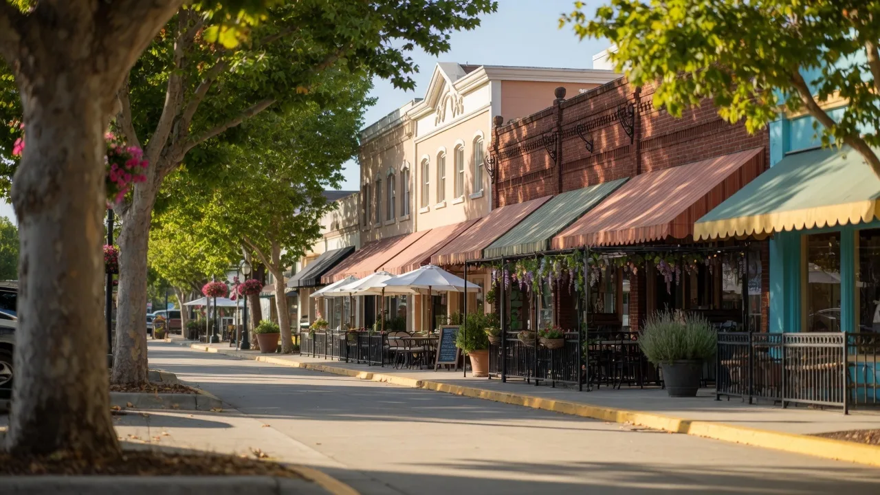 Downtown Concord shopping and dining district on a sunny afternoon