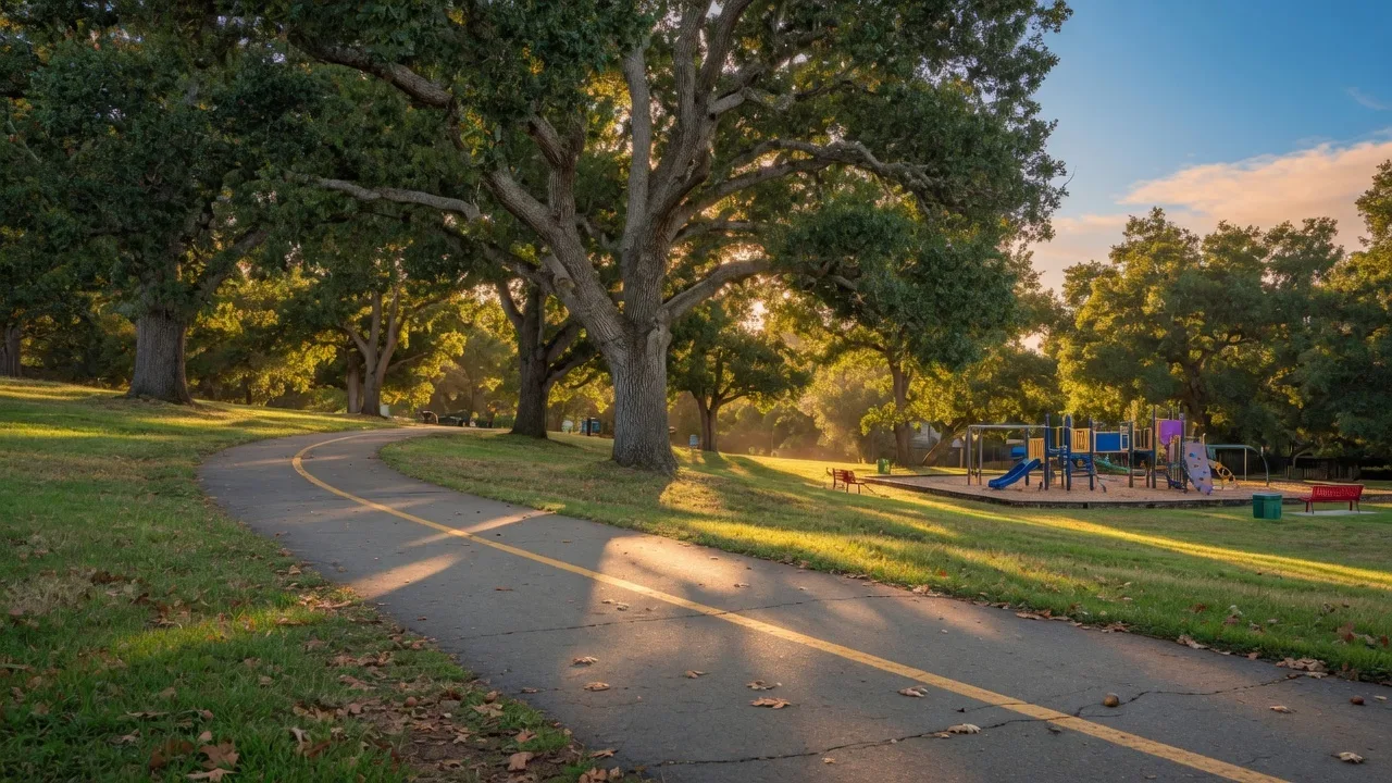 Peaceful suburban park with walking trail and mature oak trees near the Oak Glen community