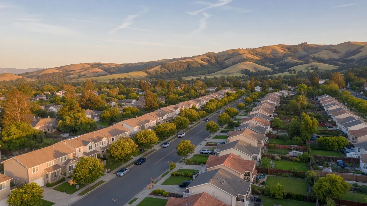 Aerial view of Northern California suburban neighborhood with tree-lined streets