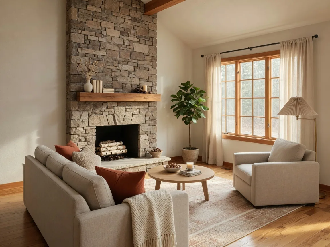 Cozy modern living room with fireplace and warm light