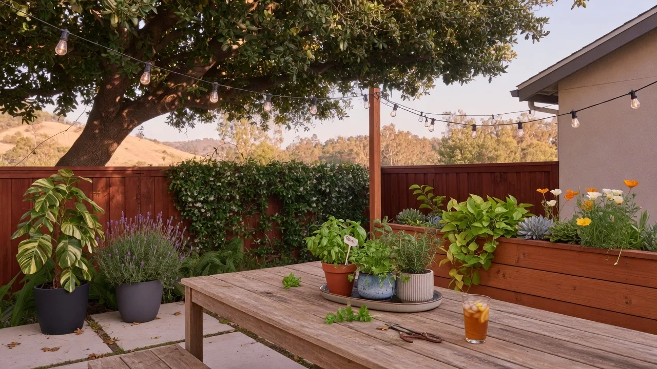 Outdoor patio scene with potted plants and warm afternoon light
