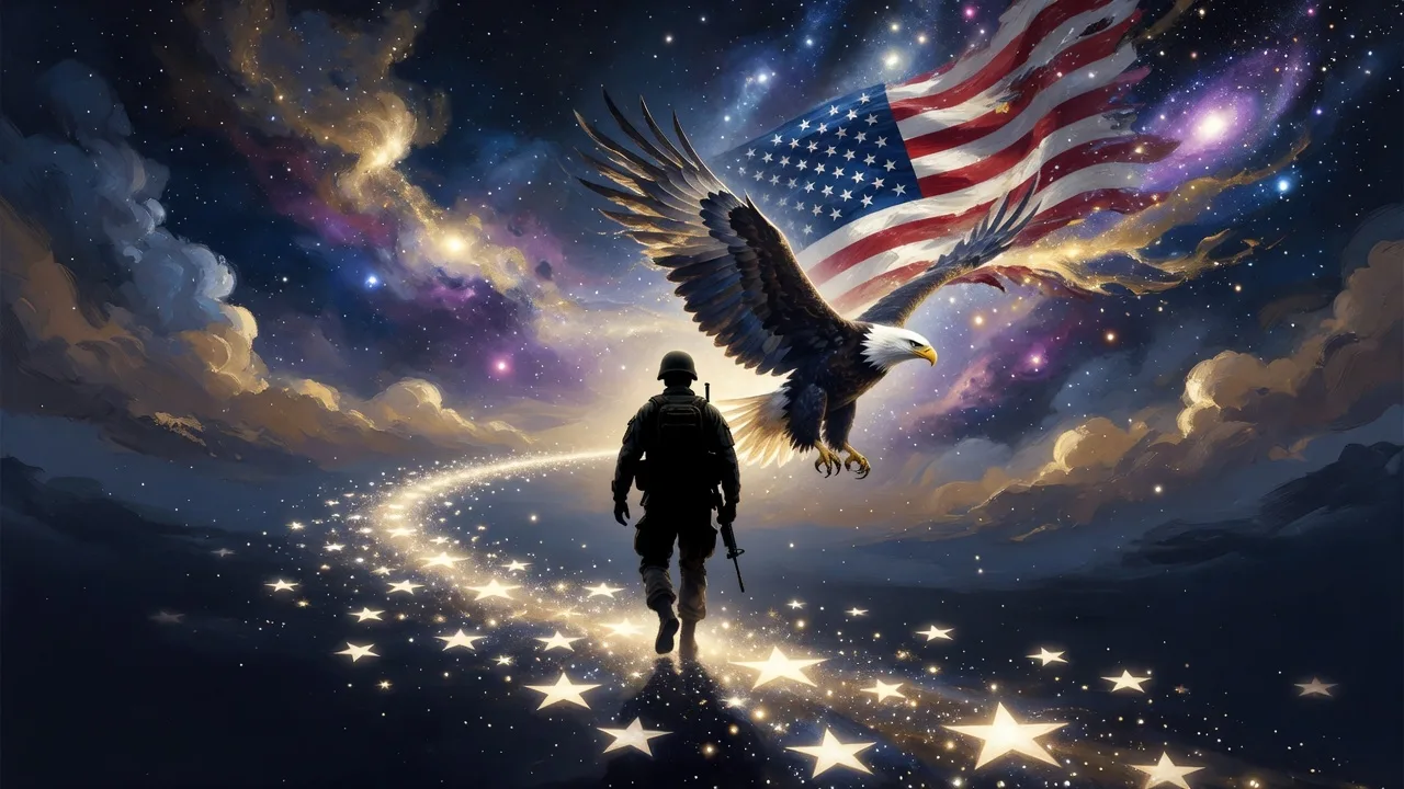 Soldier silhouette walking along a path of stars toward a cosmic sky with an American flag and bald eagle — symbolizing the enduring journey of honor and remembrance for fallen service members and their families